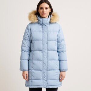 LL Bean Women’s Goose Down Puffer Parka Coat Light Blue Faux Fur Hood M